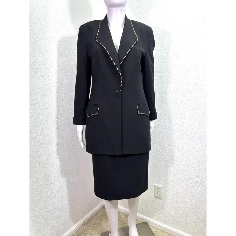 Vtg Mary Kay Sz 4 Black Skirt Suit Longline Blazer Gold Accents Work Office Wool
